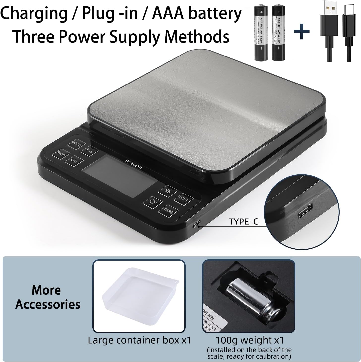 Large Kitchen Scale with 0.1g High Precision, 5kg Capacity, USB Rechargeable, Stainless Steel Pan