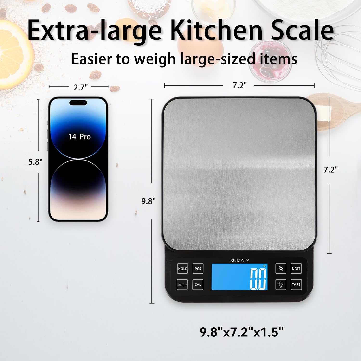 Large Kitchen Scale with 0.1g High Precision, 5kg Capacity, USB Rechargeable, Stainless Steel Pan