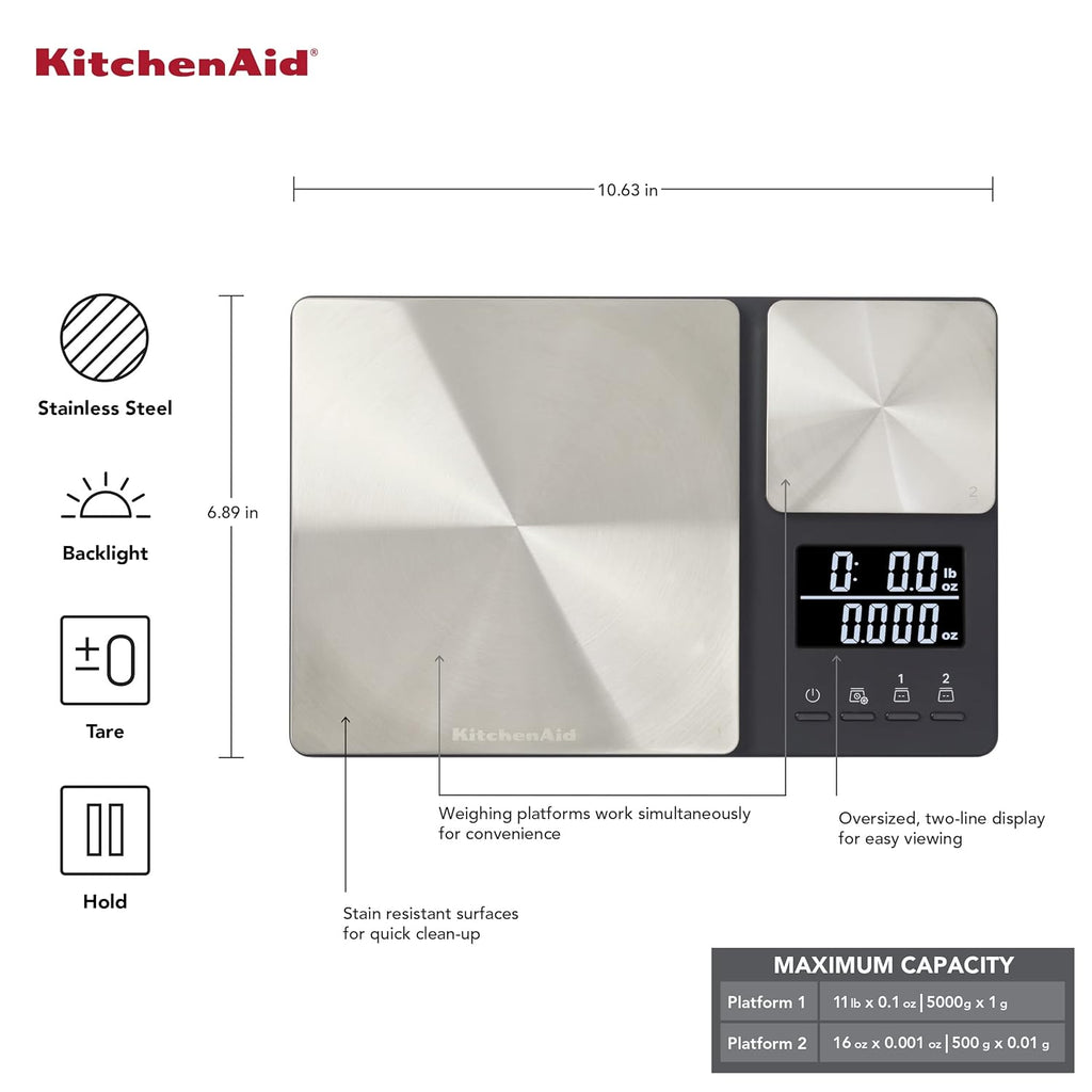 Dual Platform Digital Kitchen and Food Scale, 11lb and 16oz Precision Capacity, Black Stainless Steel