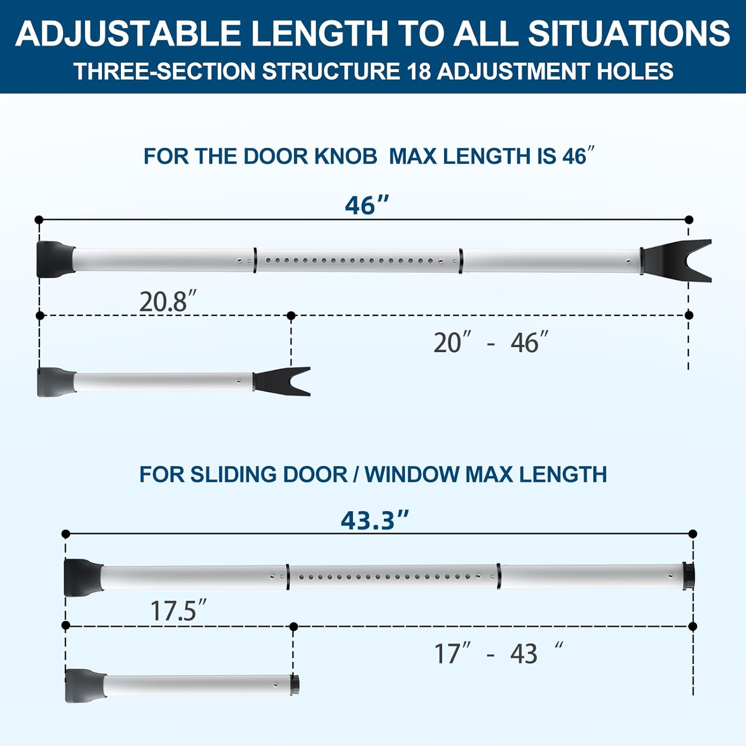2-Pack Heavy Duty Adjustable Door Security Bar, 400 lbs Pressure Resistance, No Installation Required