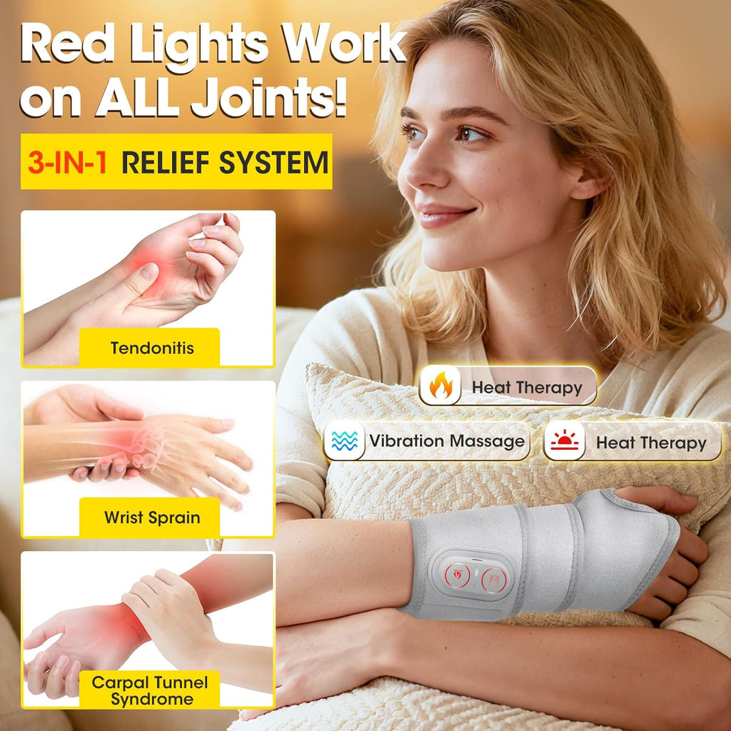 Rechargeable Heated Wrist Massager with Red Light Therapy for Pain Relief