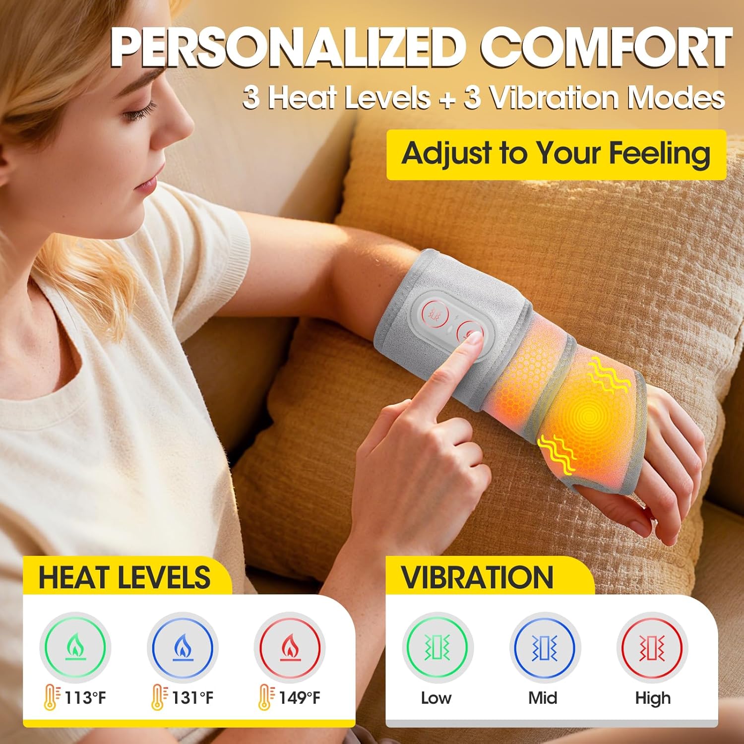 Rechargeable Heated Wrist Massager with Red Light Therapy for Pain Relief