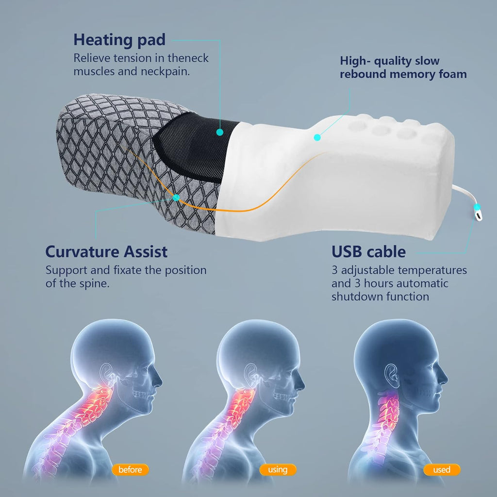 Heated Memory Foam Cervical Neck Pillow for Pain Relief with USB Graphene Heating