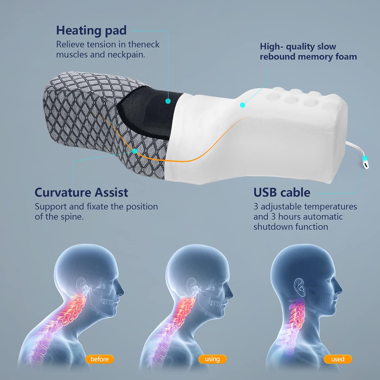 Heated Memory Foam Cervical Neck Pillow for Pain Relief with USB Graphene Heating