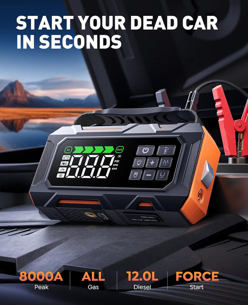 16-in-1 Car Jump Starter with Air Compressor, 8000A Peak, 160PSI Tire Inflator, Emergency Kit