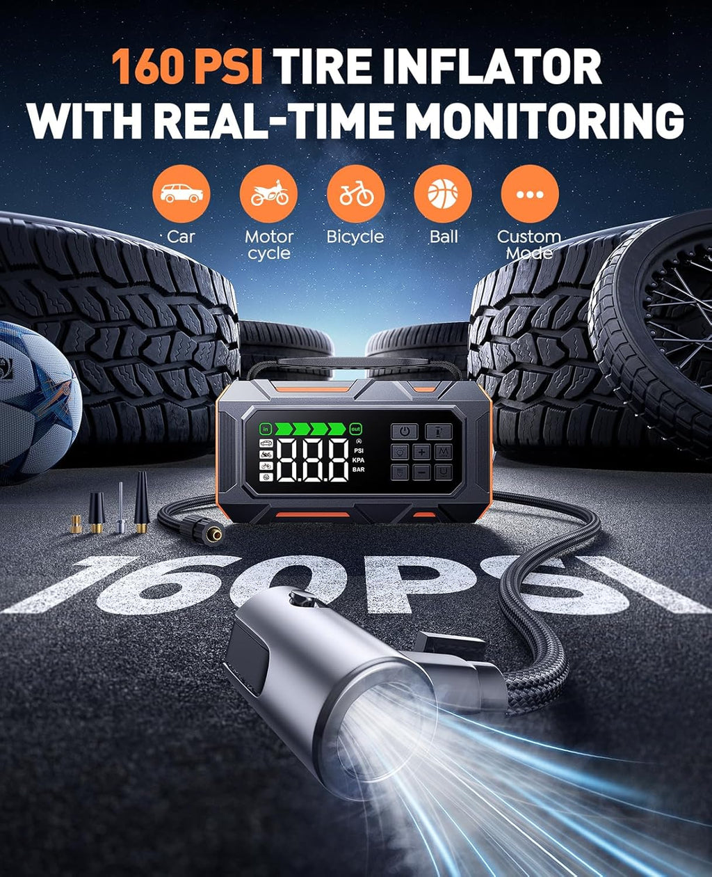 16-in-1 Car Jump Starter with Air Compressor, 8000A Peak, 160PSI Tire Inflator, Emergency Kit