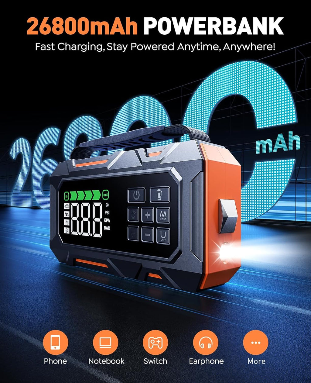 16-in-1 Car Jump Starter with Air Compressor, 8000A Peak, 160PSI Tire Inflator, Emergency Kit