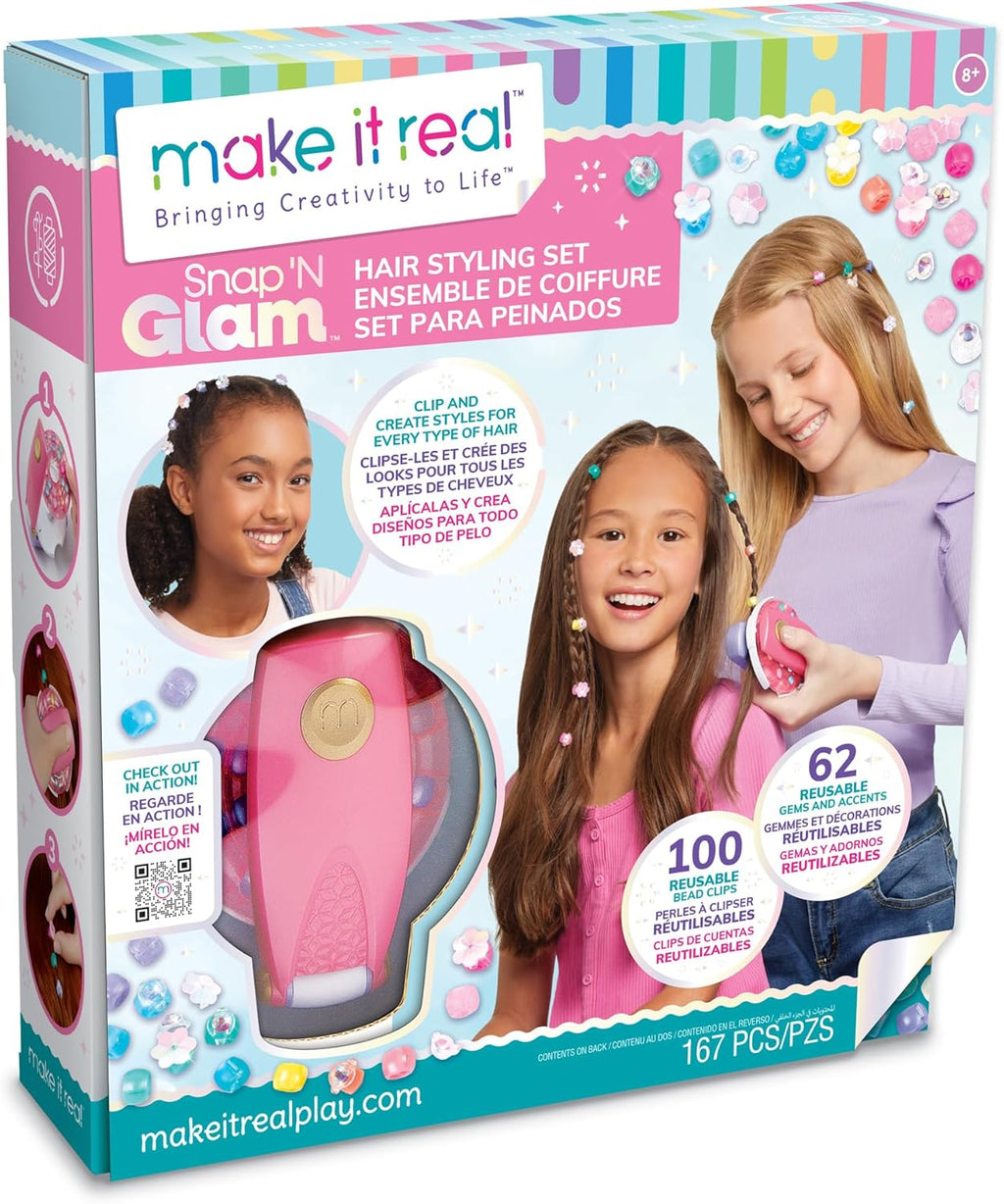 Snap N' Glam Hair Styling Set with 100 Reusable Bead Clips, Gems & Accents for Girls Ages 8+