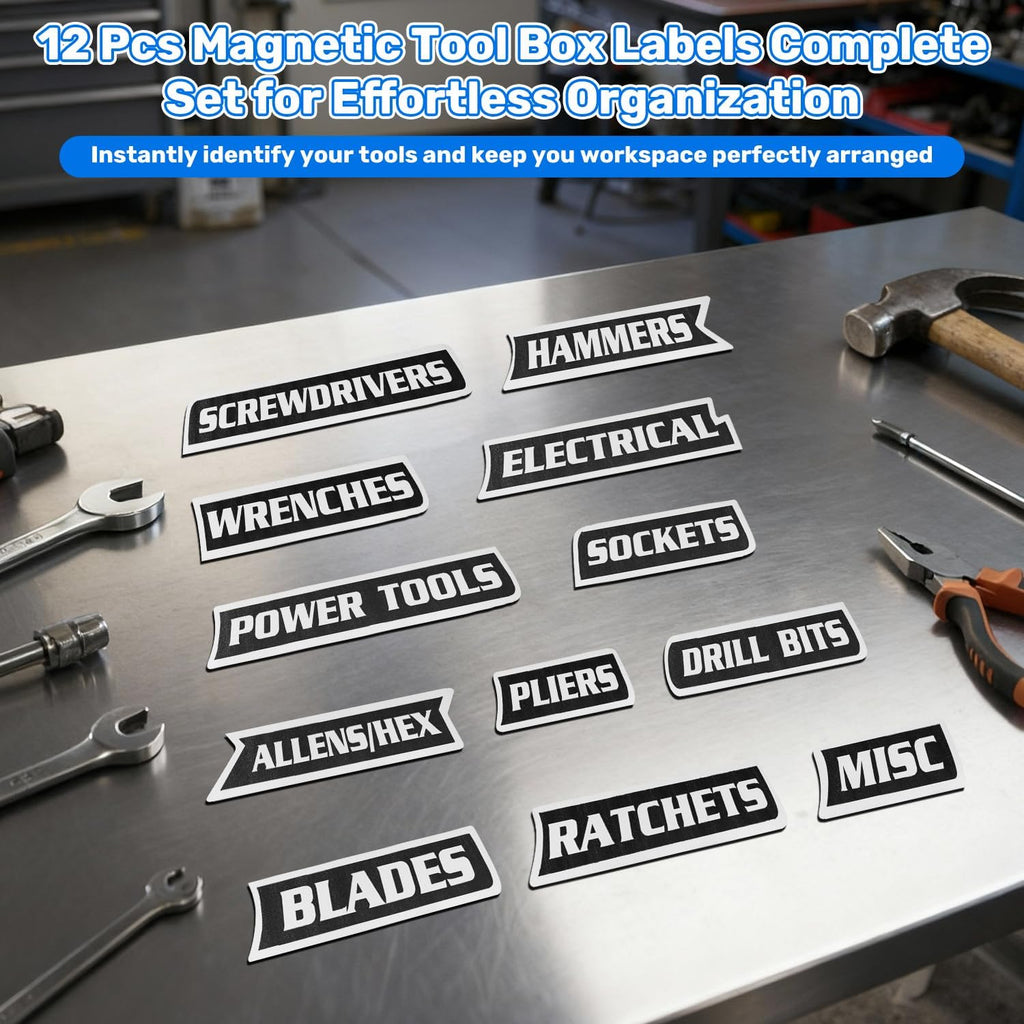 12-Pack Magnetic Toolbox Labels for Steel Storage - Quick Identification & Reusable