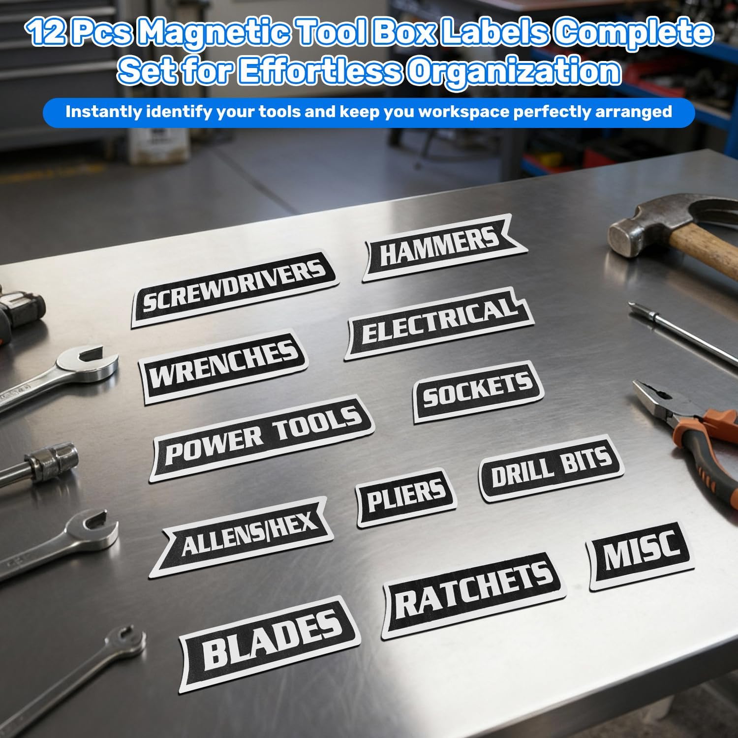12-Pack Magnetic Toolbox Labels for Steel Storage - Quick Identification & Reusable