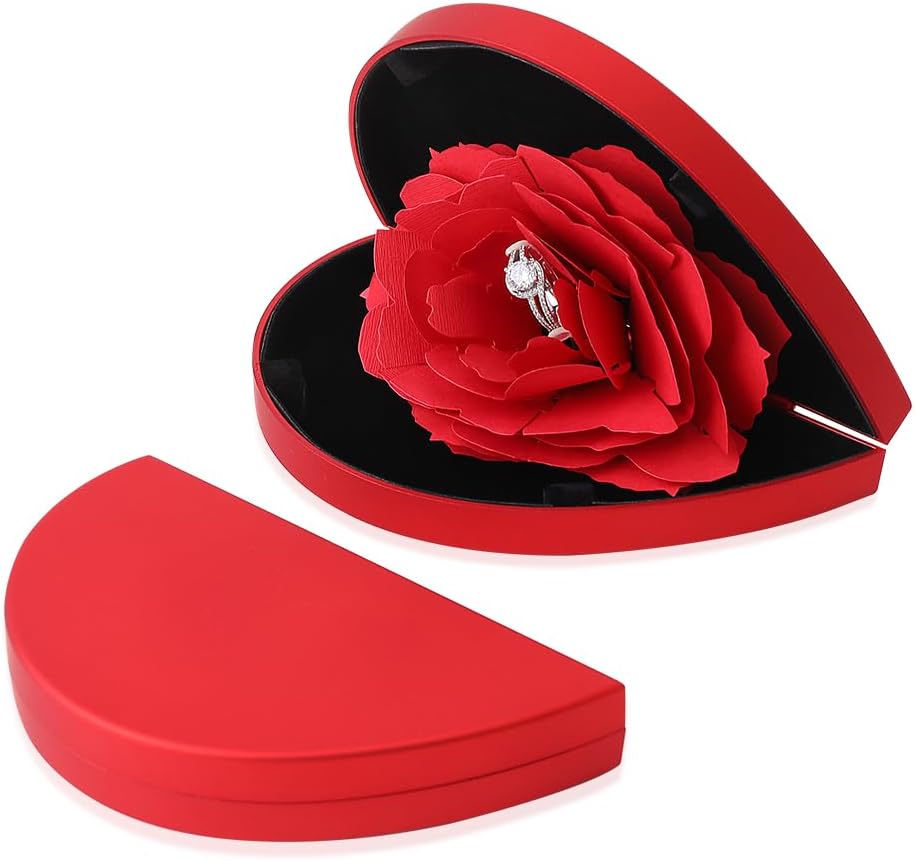 Heart Shape Ring Box with Preserved Red Rose Flower for Jewelry Gift