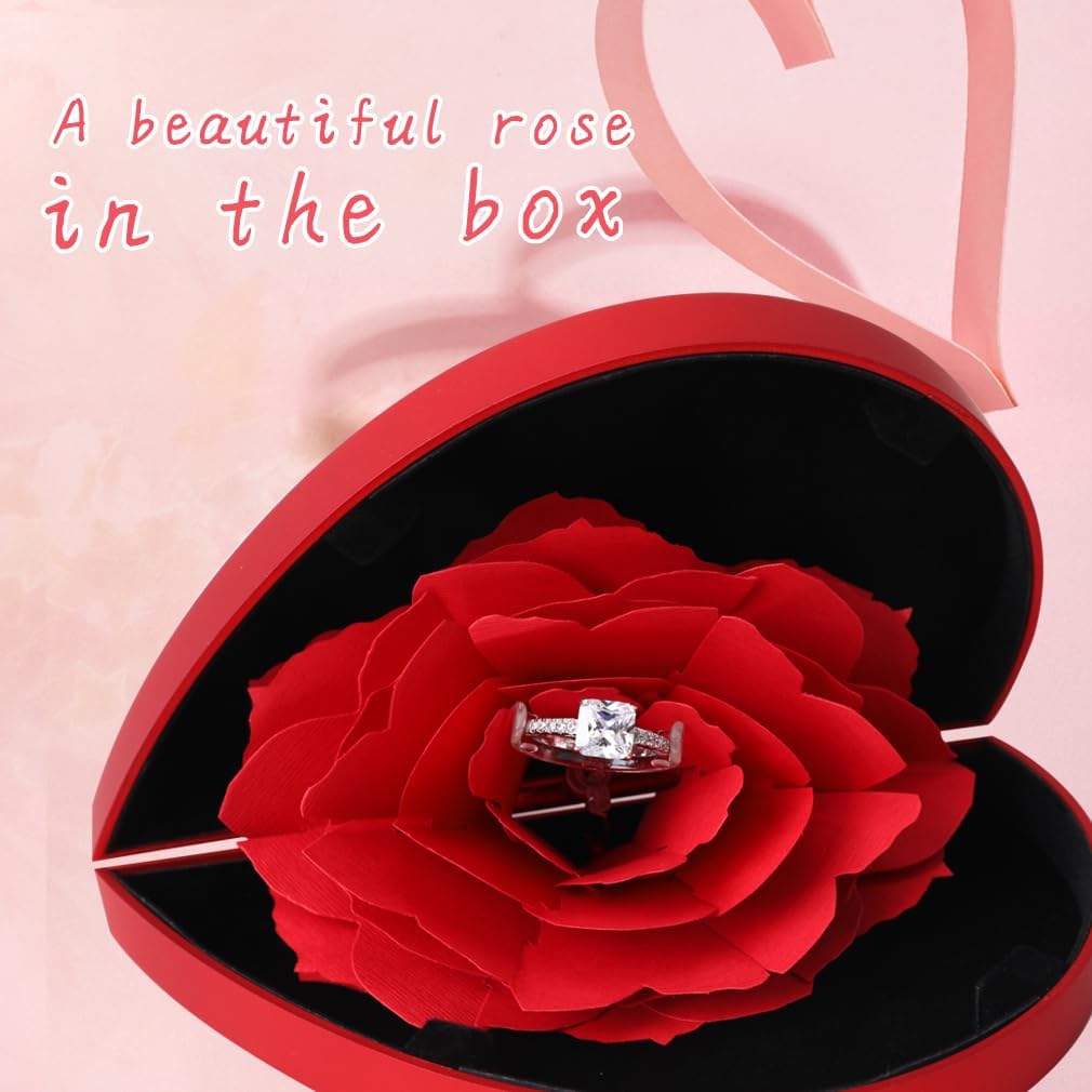 Heart Shape Ring Box with Preserved Red Rose Flower for Jewelry Gift