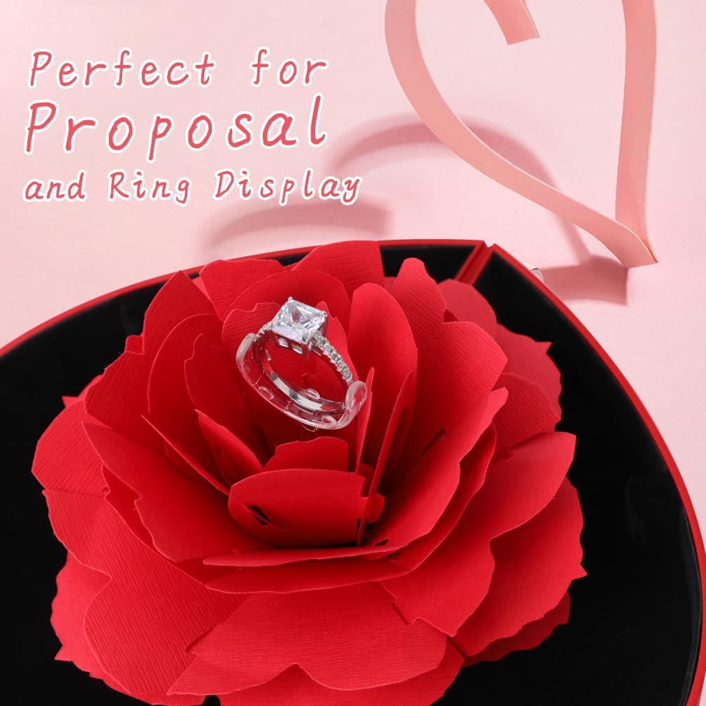 Heart Shape Ring Box with Preserved Red Rose Flower for Jewelry Gift