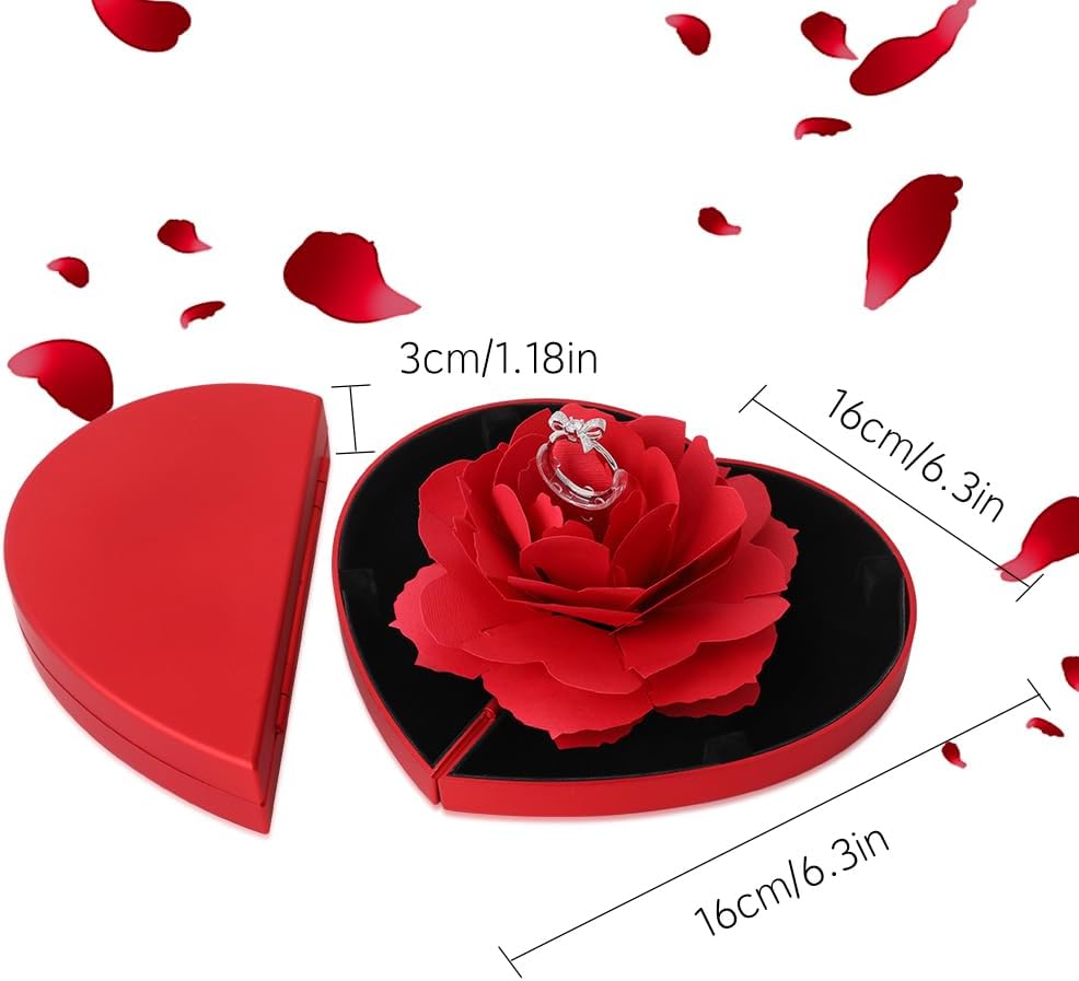 Heart Shape Ring Box with Preserved Red Rose Flower for Jewelry Gift