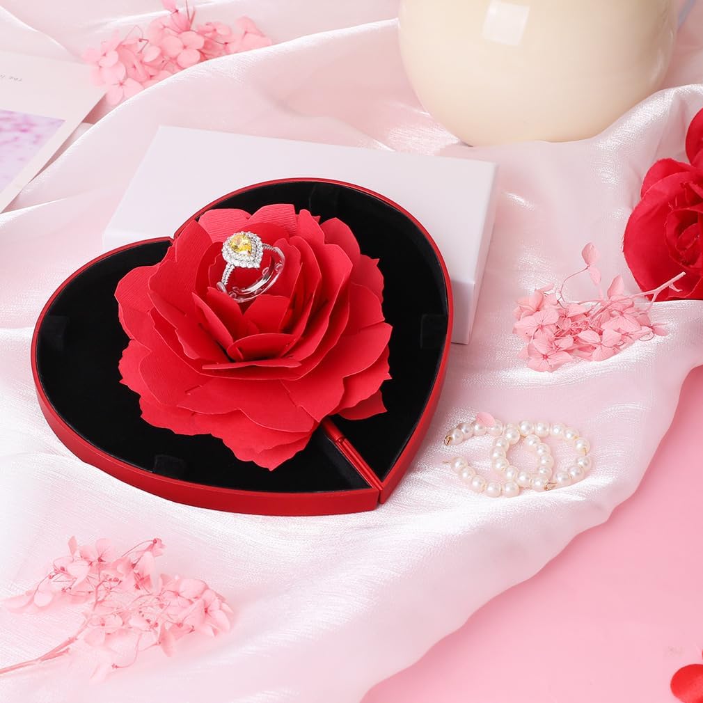 Heart Shape Ring Box with Preserved Red Rose Flower for Jewelry Gift