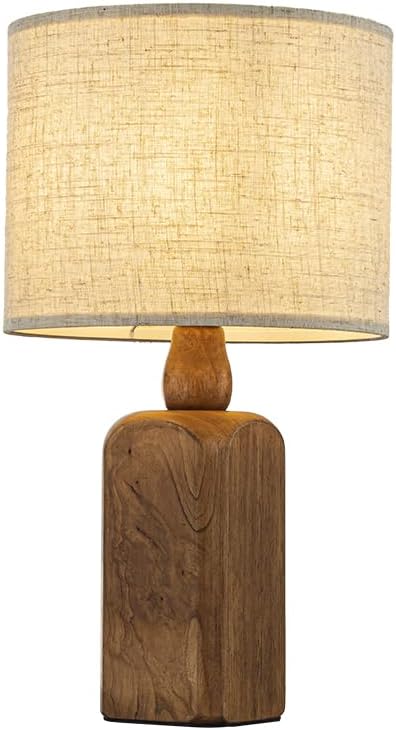 18" Farmhouse Table Lamp with Wood Base and Beige Fabric Shade for Bedside, Desk, or Living Room