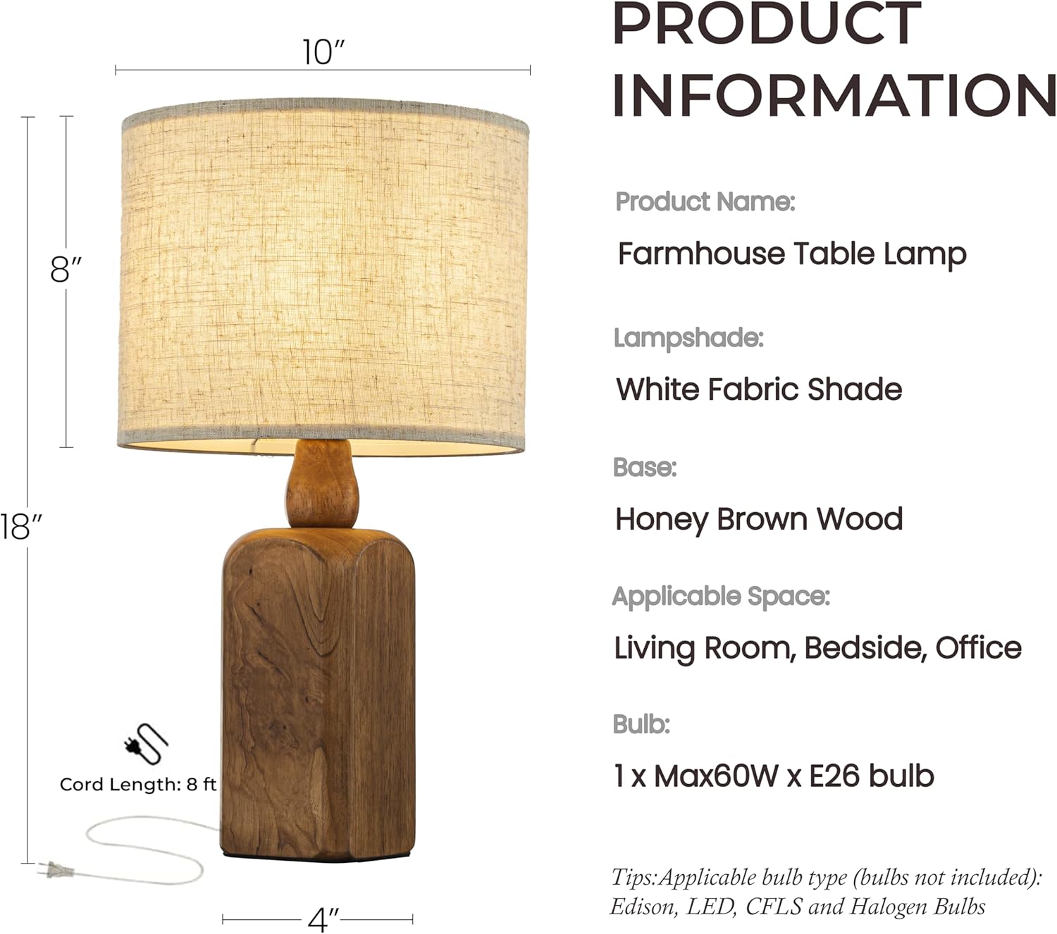 18" Farmhouse Table Lamp with Wood Base and Beige Fabric Shade for Bedside, Desk, or Living Room