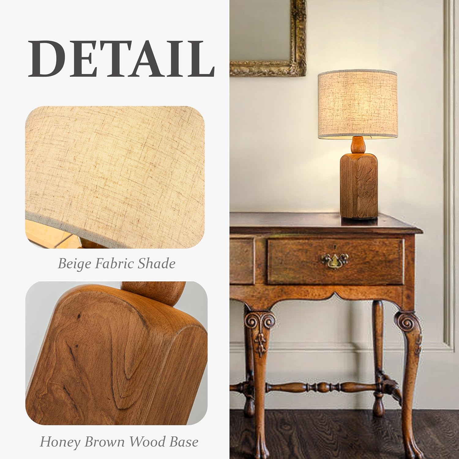 18" Farmhouse Table Lamp with Wood Base and Beige Fabric Shade for Bedside, Desk, or Living Room