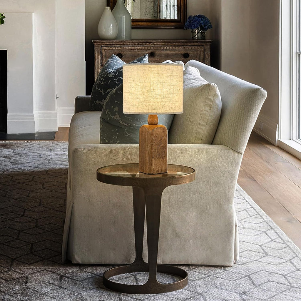 18" Farmhouse Table Lamp with Wood Base and Beige Fabric Shade for Bedside, Desk, or Living Room