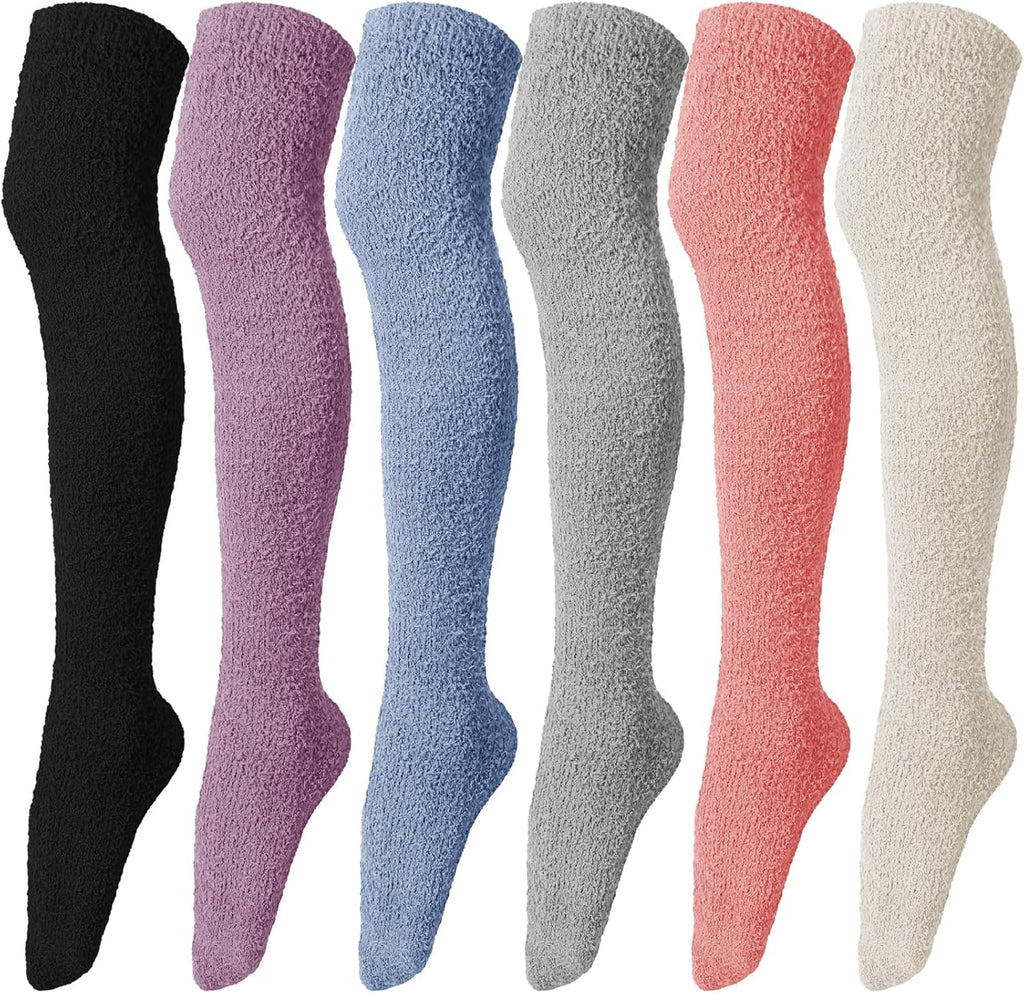 6 Pairs Women's Knee High Fuzzy Socks - Soft, Warm, Cozy Thigh High Stockings