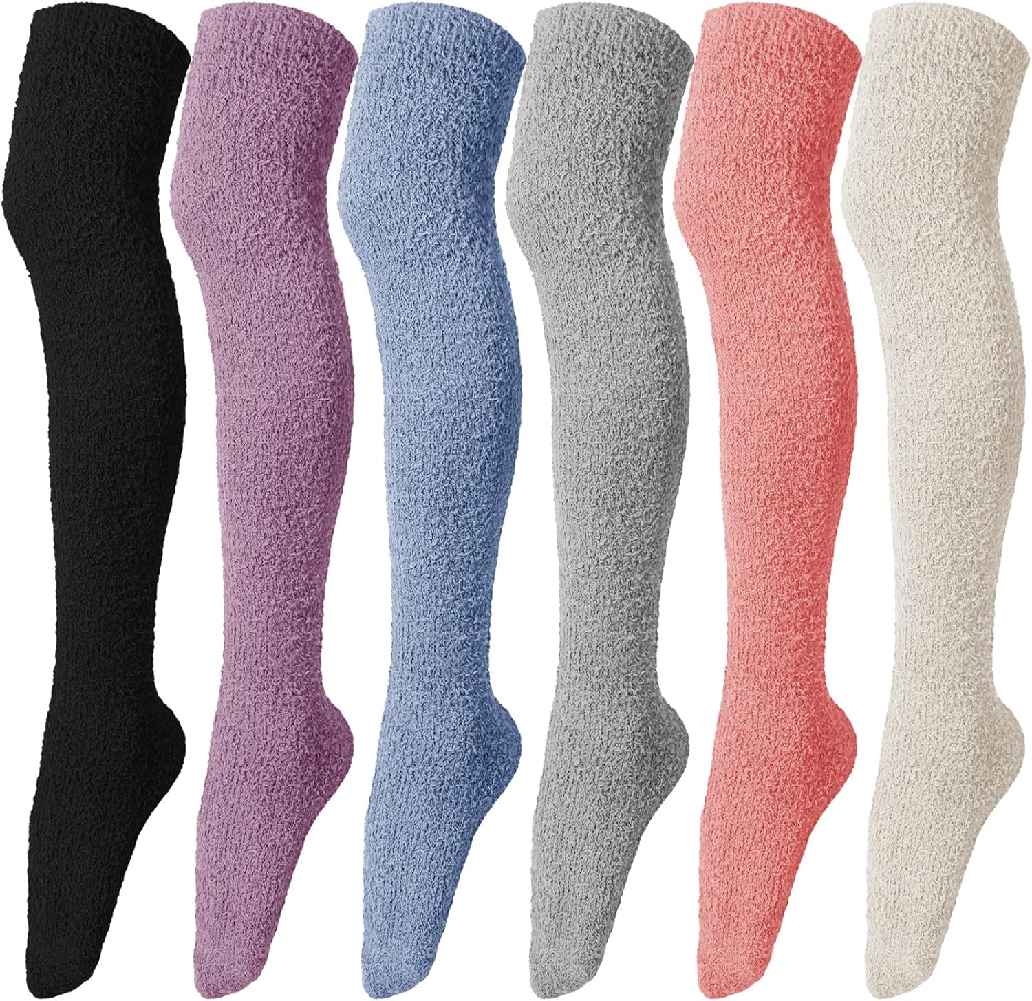 6 Pairs Women's Knee High Fuzzy Socks - Soft, Warm, Cozy Thigh High Stockings