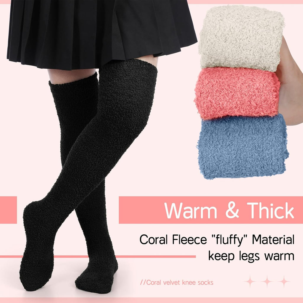 6 Pairs Women's Knee High Fuzzy Socks - Soft, Warm, Cozy Thigh High Stockings