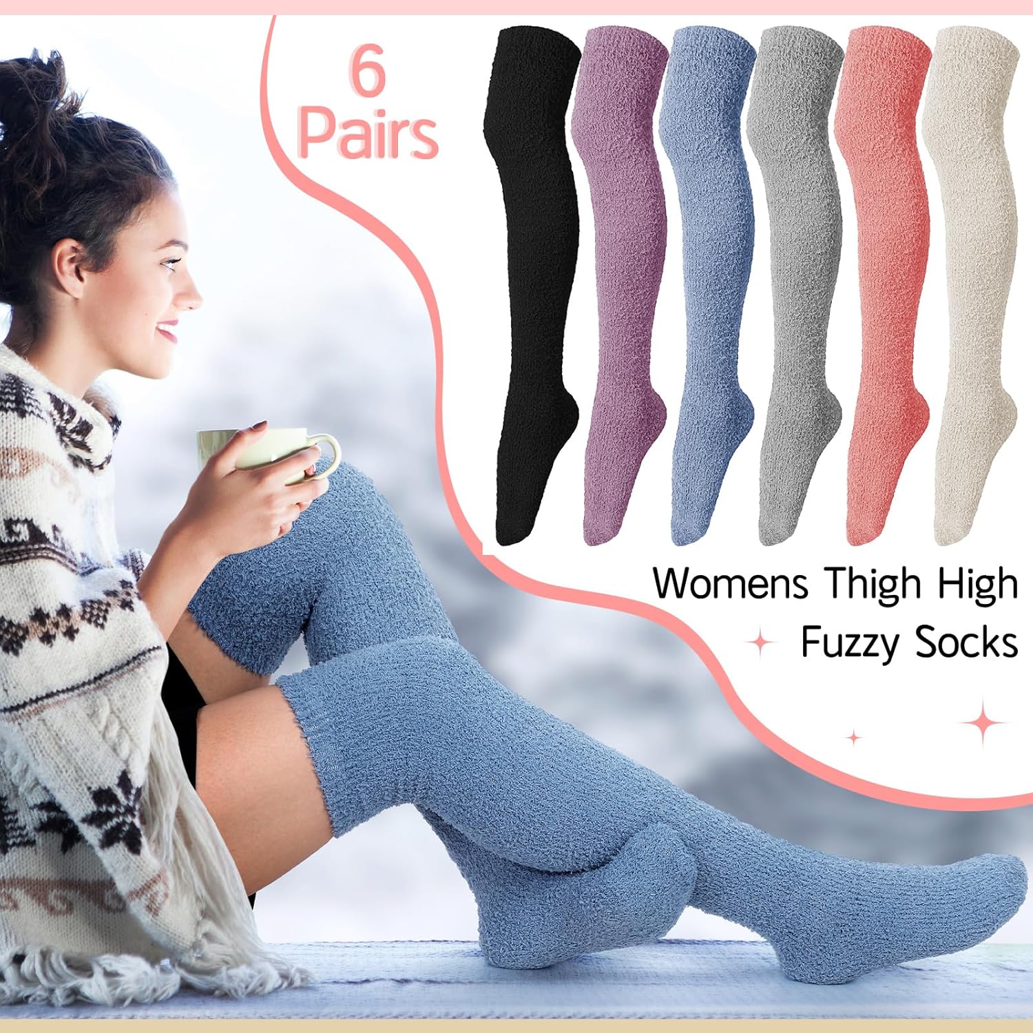 6 Pairs Women's Knee High Fuzzy Socks - Soft, Warm, Cozy Thigh High Stockings