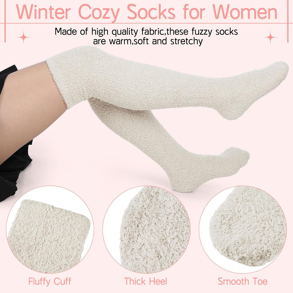 6 Pairs Women's Knee High Fuzzy Socks - Soft, Warm, Cozy Thigh High Stockings