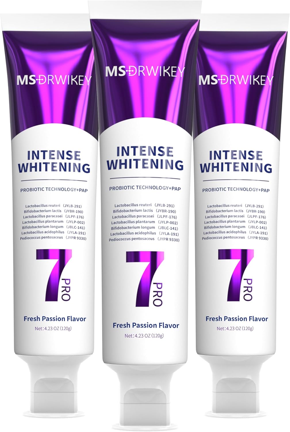 7 Probiotics Deep Whitening Toothpaste with Purple Beads - Fluoride-Free, Enamel-Safe, Fresh Mint, 4.23 oz (3-Pack)
