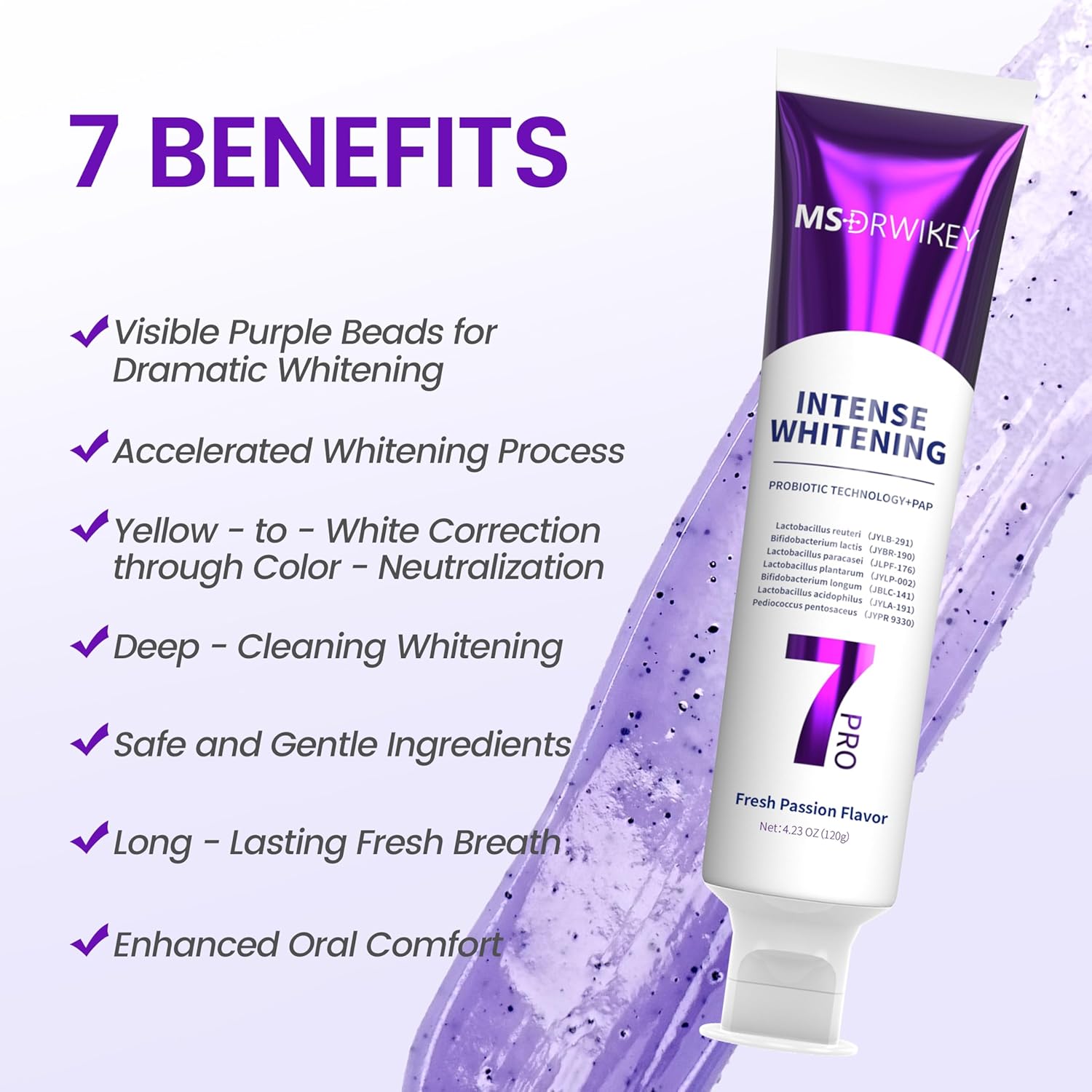 7 Probiotics Deep Whitening Toothpaste with Purple Beads - Fluoride-Free, Enamel-Safe, Fresh Mint, 4.23 oz (3-Pack)