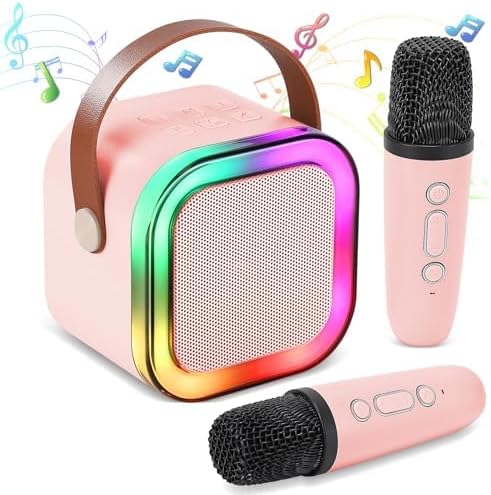 Portable Kids Karaoke Machine with 2 Wireless Mics, Bluetooth Speaker & Light Effects - Pink