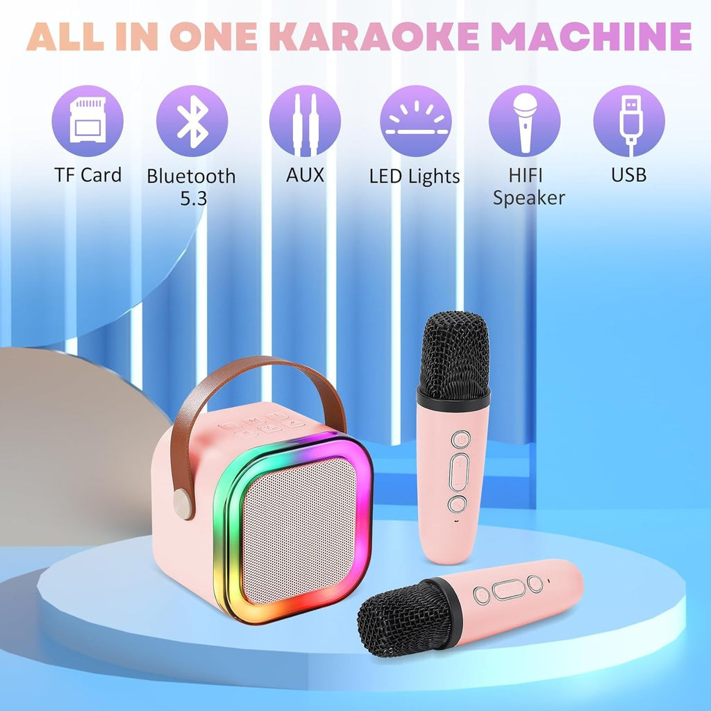Portable Kids Karaoke Machine with 2 Wireless Mics, Bluetooth Speaker & Light Effects - Pink