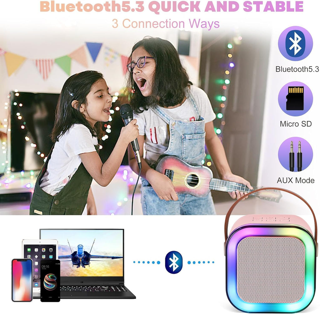 Portable Kids Karaoke Machine with 2 Wireless Mics, Bluetooth Speaker & Light Effects - Pink