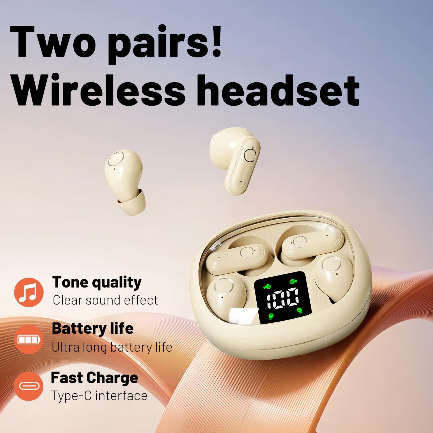2-Pair Wireless Bluetooth Earbuds Set, Ultra-Slim Sleep & Short-Handle Sport Earphones