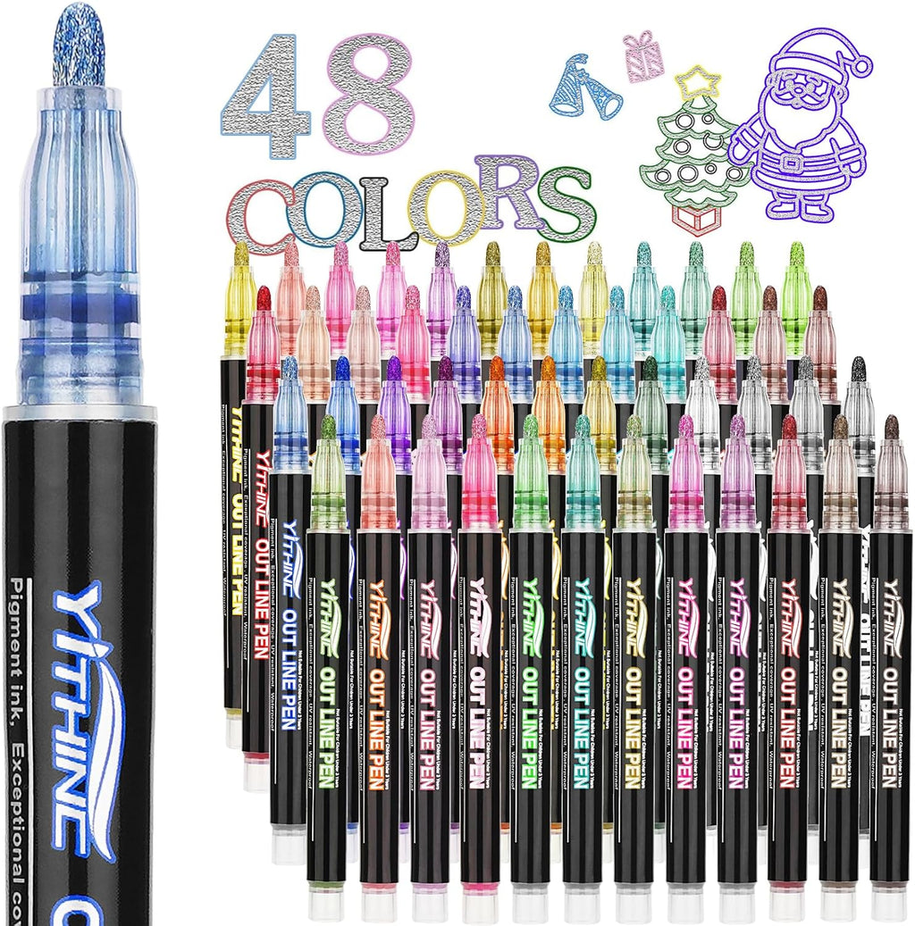 48 Colors Glitter Gel Pens Set with Outline Effect, Metallic Shimmer Markers for Arts & Crafts