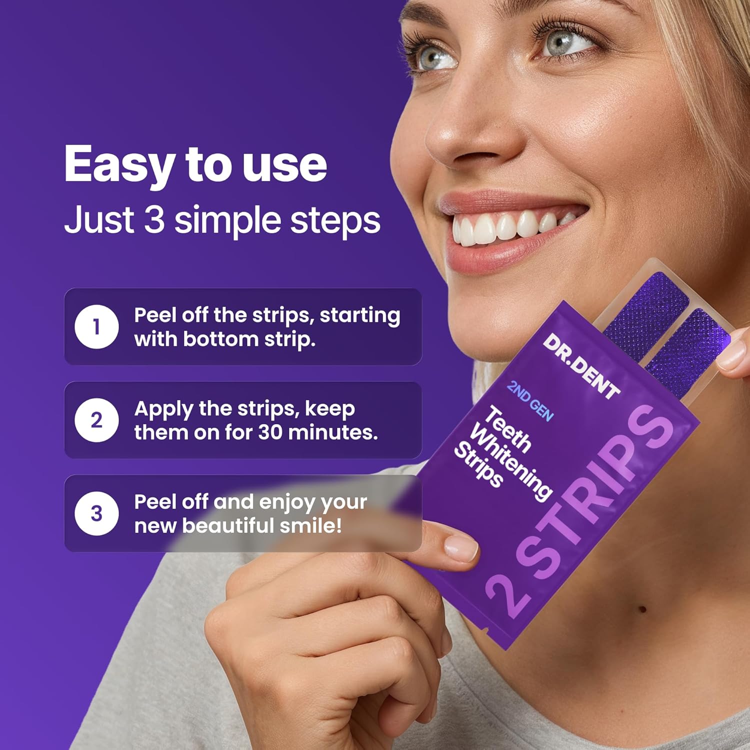 42-Count Purple Teeth Whitening Strips - 8x Brighter Smile, Enamel Safe, Non-Sensitive