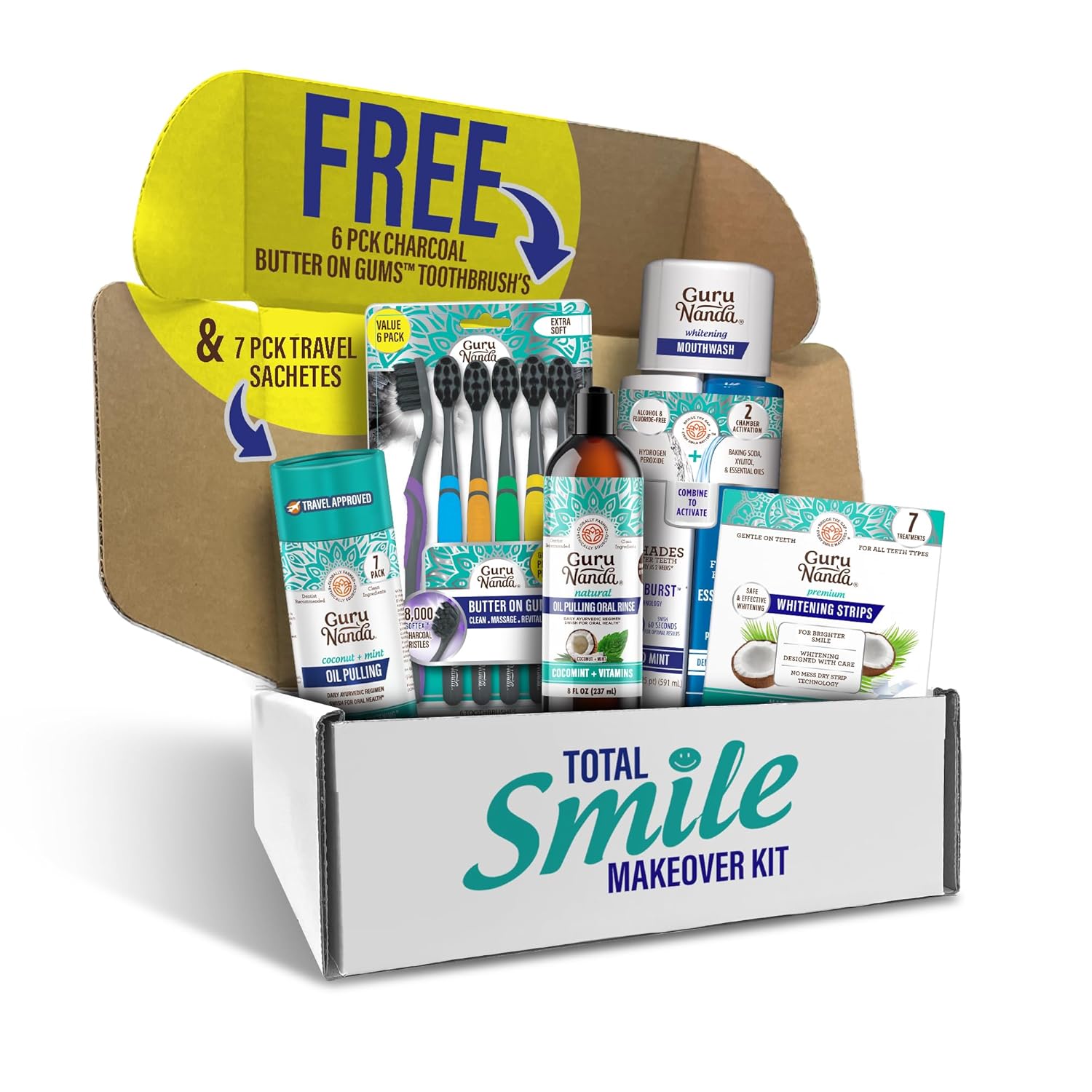Complete Teeth Whitening Kit with Charcoal Oil Pulling, Dual-Chamber Mouthwash, Strips & Toothbrushes
