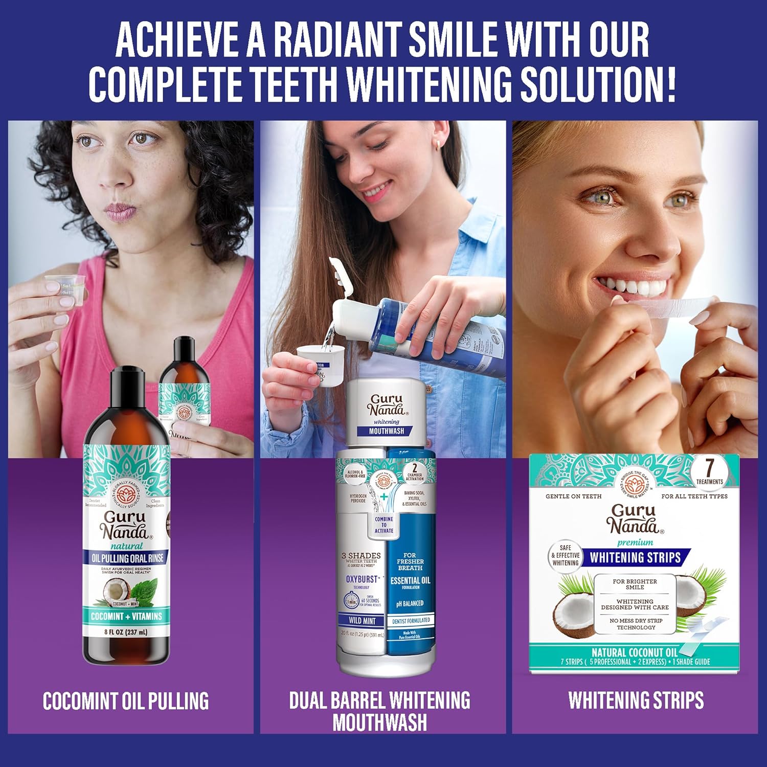 Complete Teeth Whitening Kit with Charcoal Oil Pulling, Dual-Chamber Mouthwash, Strips & Toothbrushes