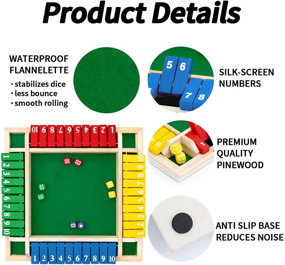 Shut The Box Dice Game for 2-4 Players, Wooden Math Board Game for Family and Classroom