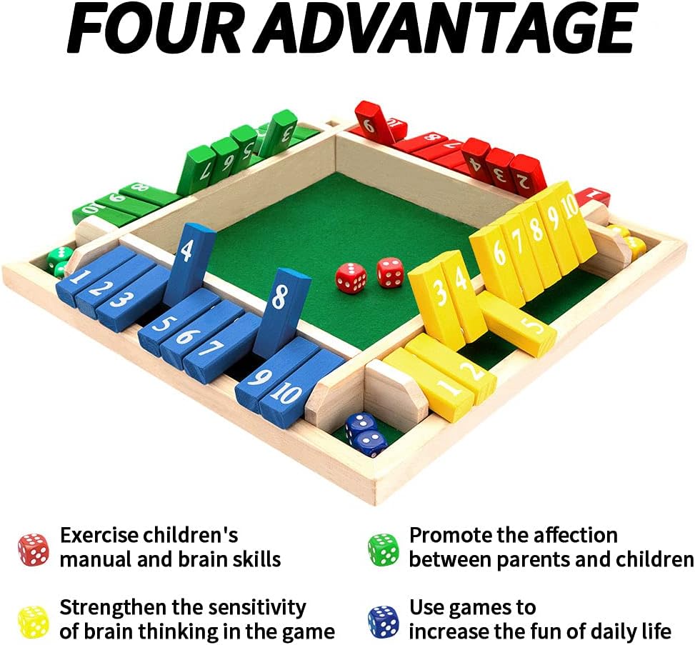 Shut The Box Dice Game for 2-4 Players, Wooden Math Board Game for Family and Classroom