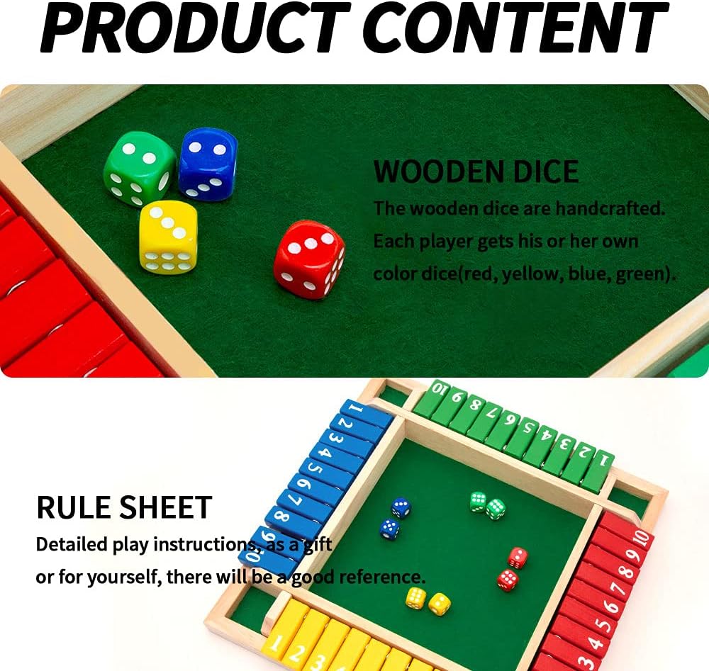 Shut The Box Dice Game for 2-4 Players, Wooden Math Board Game for Family and Classroom