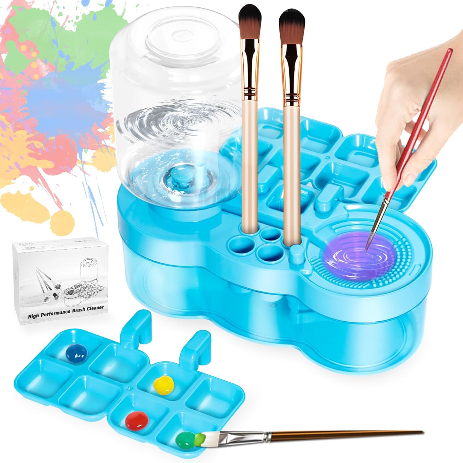 6-in-1 Paint Brush Cleaner with Tray, 500ml Water Storage & Brush Holder for Acrylic & Watercolor