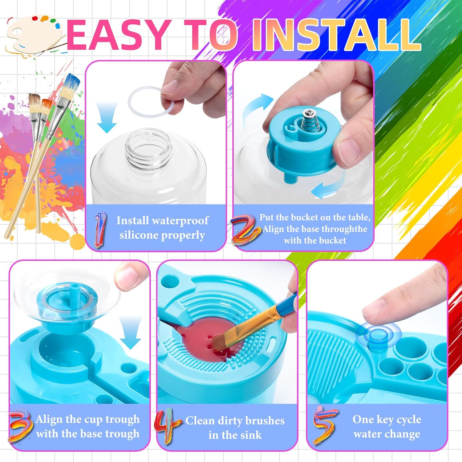 6-in-1 Paint Brush Cleaner with Tray, 500ml Water Storage & Brush Holder for Acrylic & Watercolor