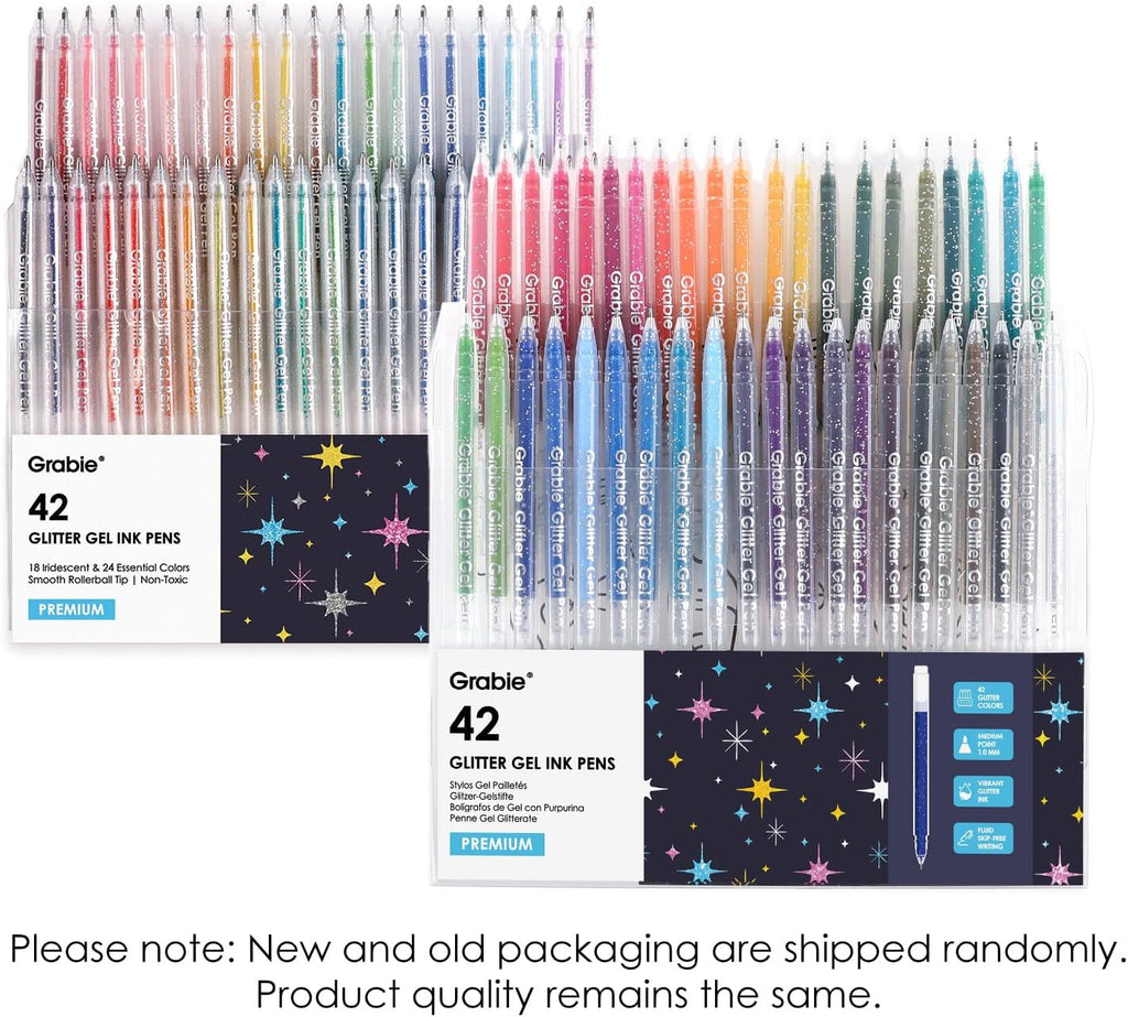 42-Piece Capped Glitter Gel Pen Set with 18 Iridescent & 24 Silver Colors, 1.0mm Rollerball Tip & 5 Coloring Sheets