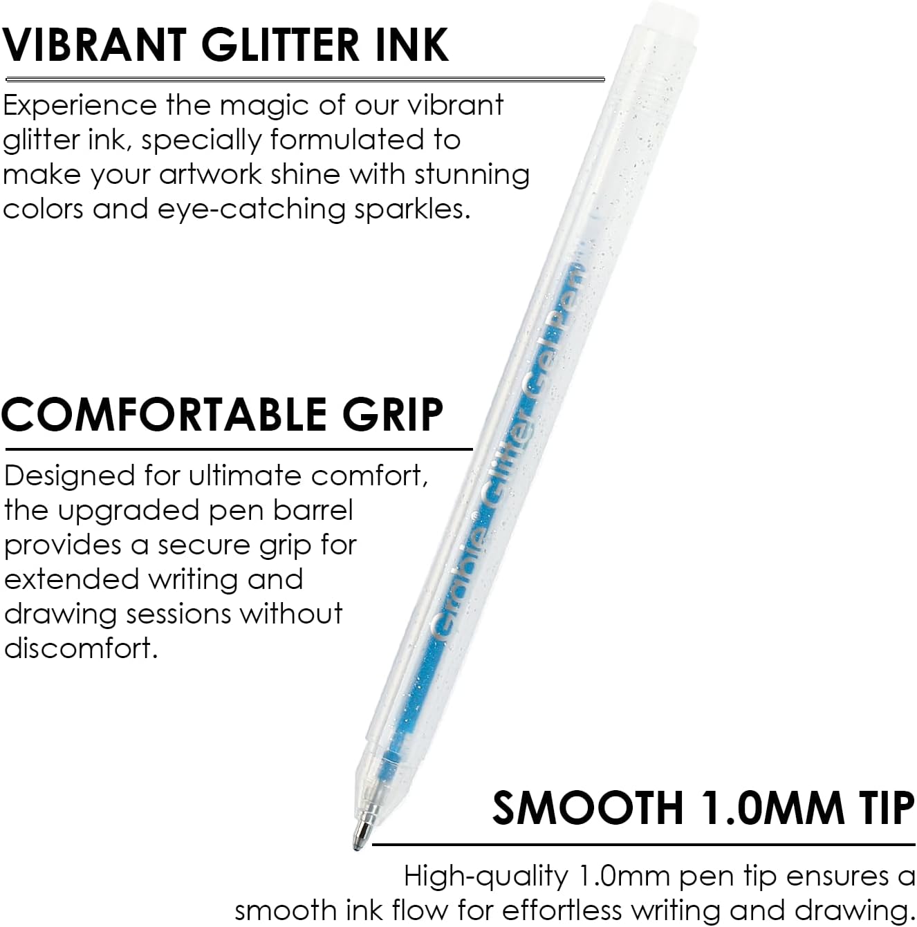 42-Piece Capped Glitter Gel Pen Set with 18 Iridescent & 24 Silver Colors, 1.0mm Rollerball Tip & 5 Coloring Sheets