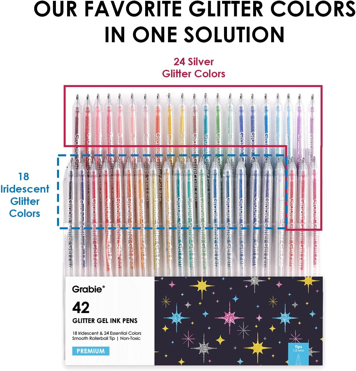 42-Piece Capped Glitter Gel Pen Set with 18 Iridescent & 24 Silver Colors, 1.0mm Rollerball Tip & 5 Coloring Sheets