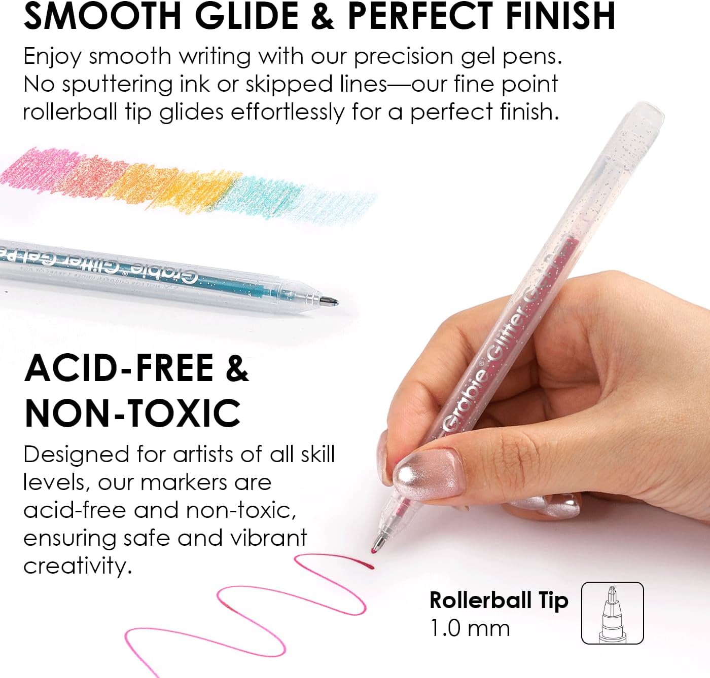 42-Piece Capped Glitter Gel Pen Set with 18 Iridescent & 24 Silver Colors, 1.0mm Rollerball Tip & 5 Coloring Sheets