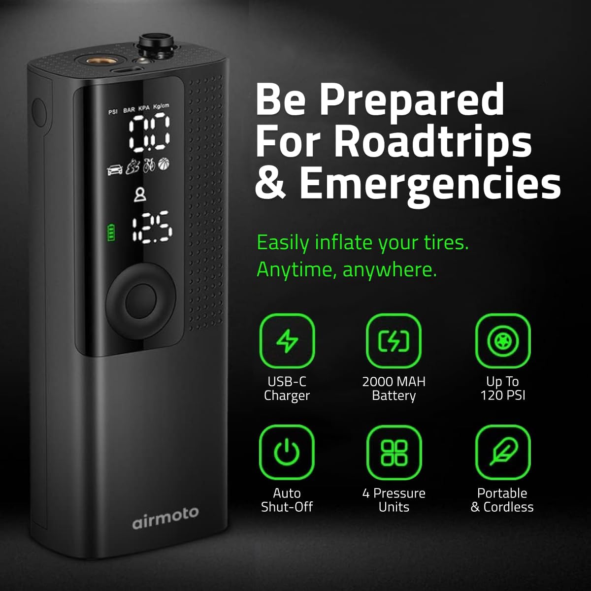 Portable Tire Inflator with Digital Gauge, Auto Shut-Off, LED Light - Cordless Air Pump for Car, Bike, Ball