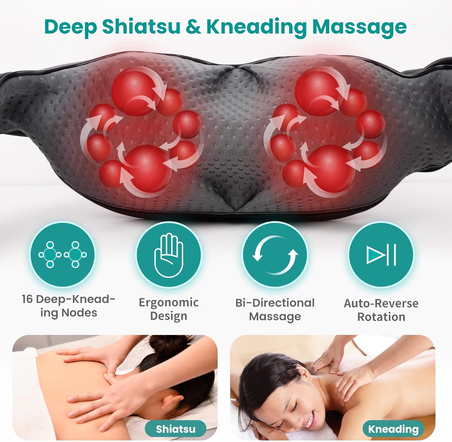 Shiatsu Neck Massager with Heat, 3D Kneading Deep Tissue Massage Pillow for Back Shoulder Pain Relief