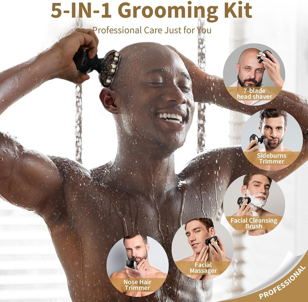 5-in-1 Electric Head Shaver for Bald Men: IPX7 Waterproof with Turbo Speed & LED Display